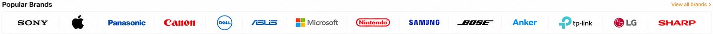 Popular electronics brands: Sony, Apple, Panasonic, Canon, Dell, Asus, Microsoft, Nintendo, Samsung, Bose, Anker, TP-Link, LG and Sharp