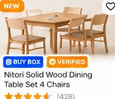 Nitori Solid Wood Dining Table Set 4 Chairs