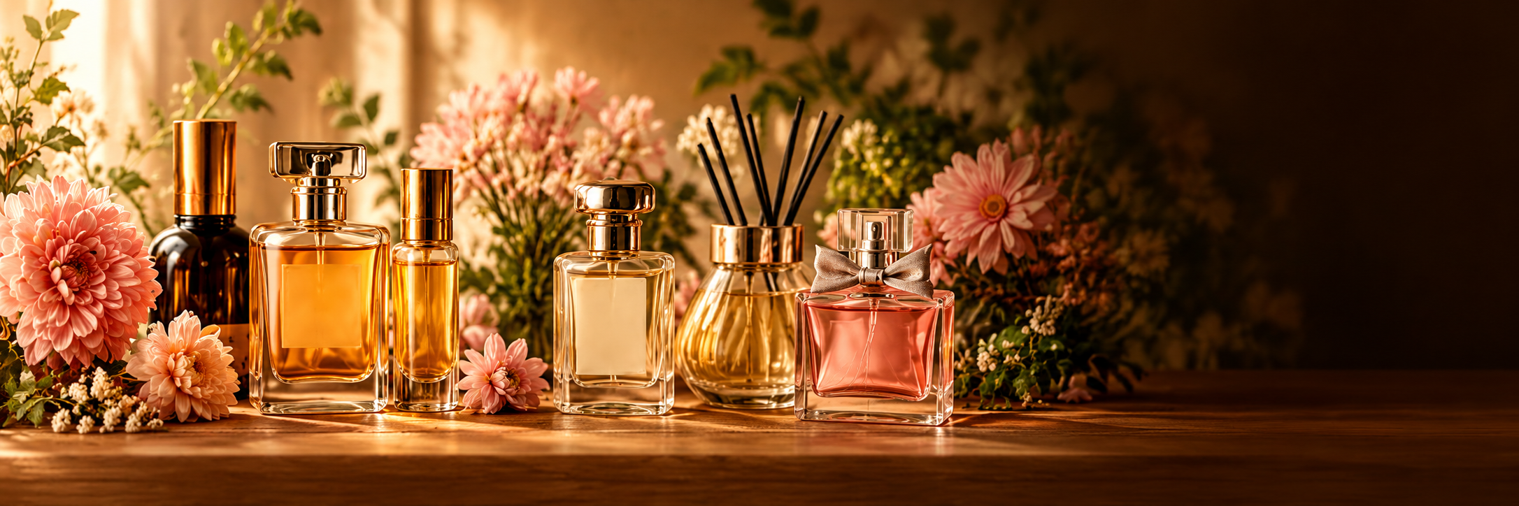 Fragrance bottles, oils, mists and candles among flowers.