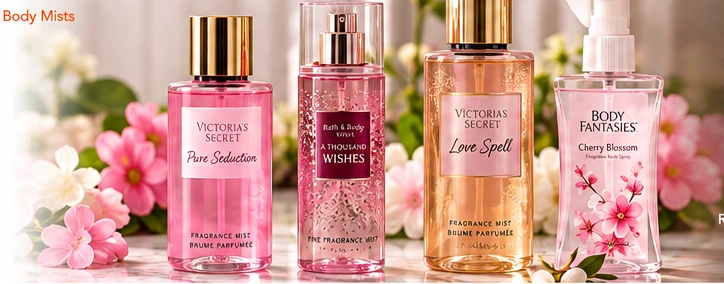Pink and floral body mist bottles surrounded by blossoms.