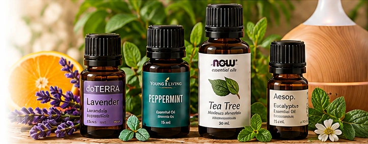 Essential oil bottles with lavender, citrus, mint, and a diffuser.
