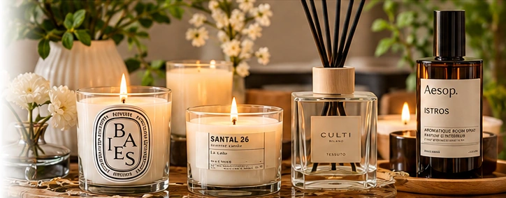 Scented candles, reed diffusers, and room fragrances in a warm home setting.