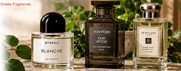 Elegant unisex fragrance bottles among green leaves and flowers.