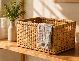 Handwoven Bamboo Storage Basket in use