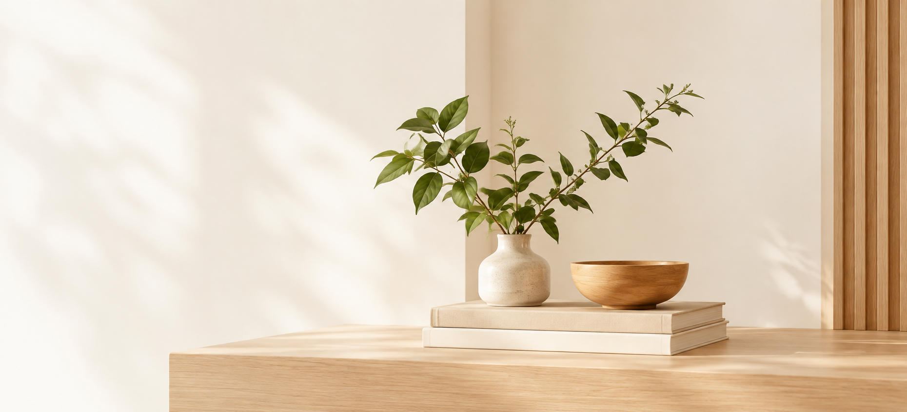 A leafy branch, books and a ceramic bowl